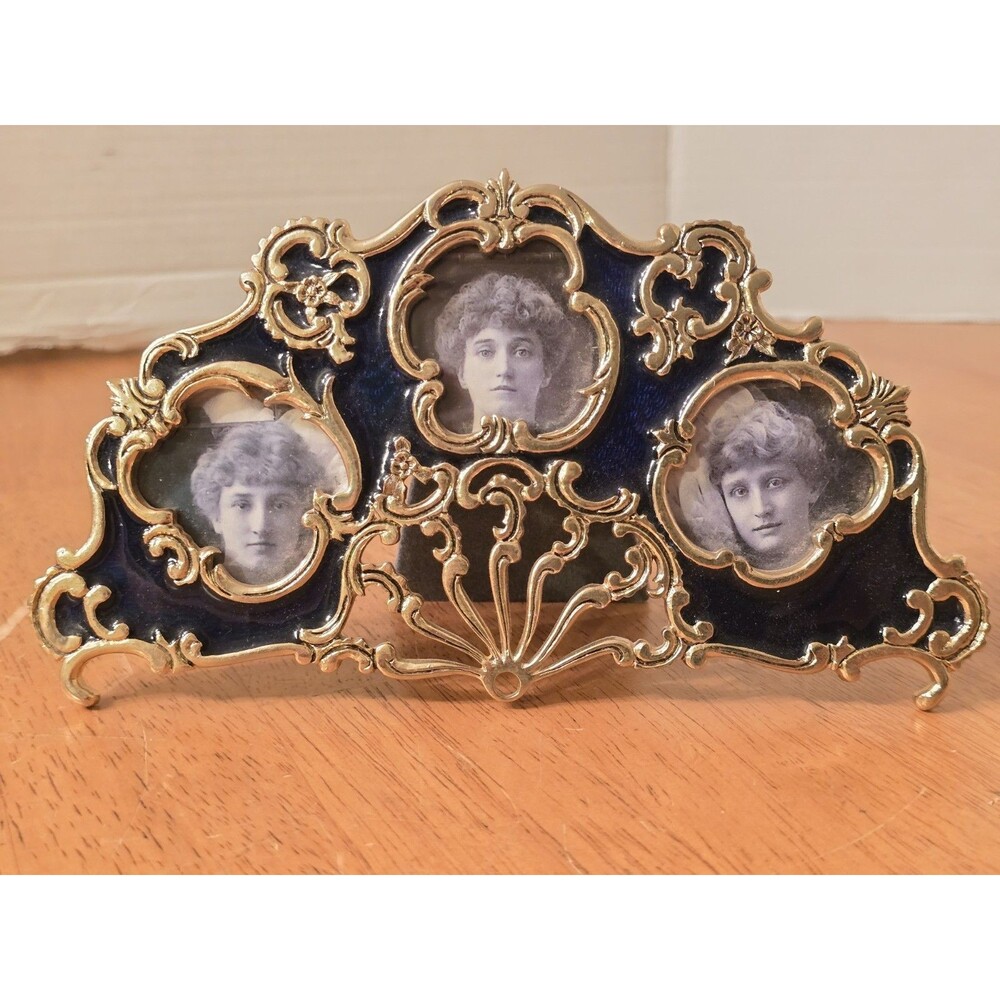 ​Vintage 1989 Terragrafics Cobalt Blue Guilloche Enamel Triple Photo Frame...